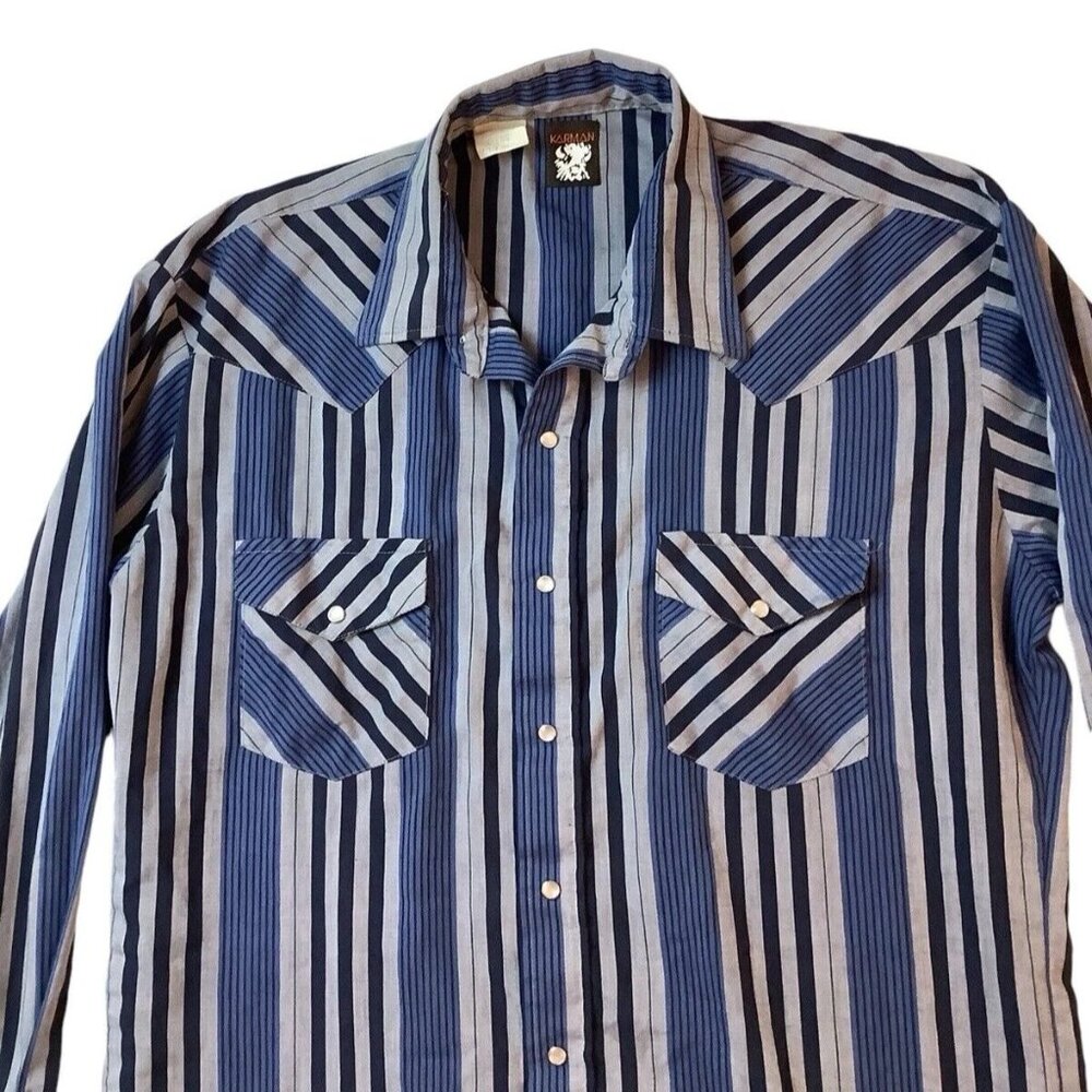Karman Pearl Snap Long Sleeve Shirt Western Blue Striped Mens Size XL - Picture 2 of 7
